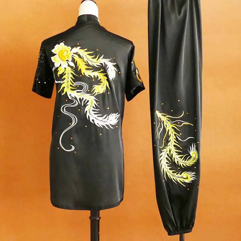 Custom Size Embroidery Gold Phoenix Competition Tai Chi Clothing for Unisex Wushu Changquan Nanquan Performance Uniforms