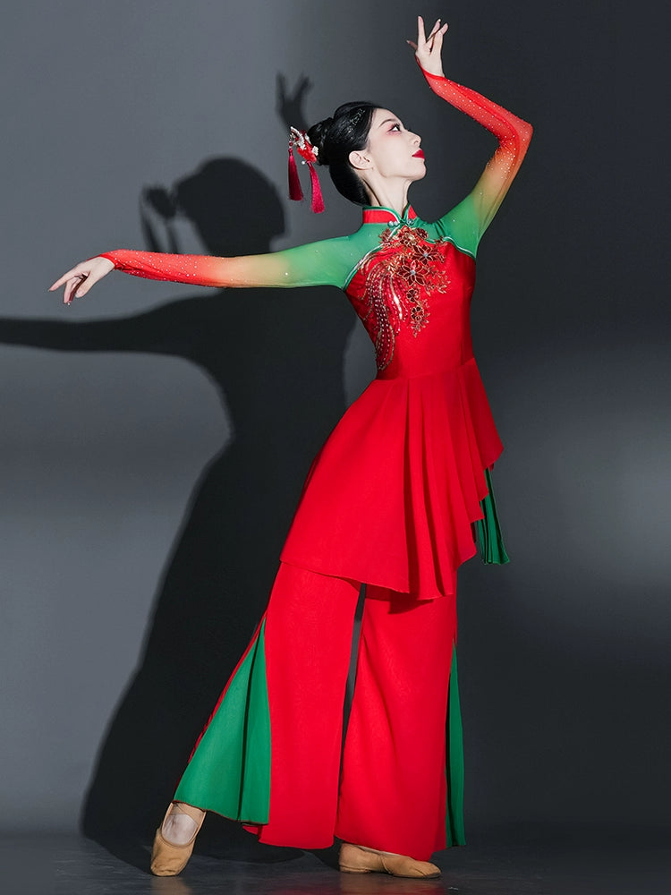 Chinese folk Jiaozhou Yangge dance costume for women fan umbrella festival dance clothes art test red waist drum dance handkerchief set Moderndancedress.com Chinese folk Jiaozhou Yangge dance costume for women fan umbrella festival dance clothes art test red waist drum dance handkerchief set Moderndancedress.com