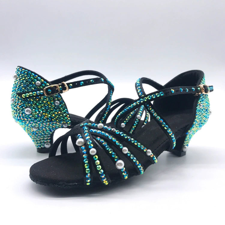 Blue Rhinestones Women Latin Dance Shoes  Salsa Rumba Chacha Samba Soft Sole Dancing Sandals