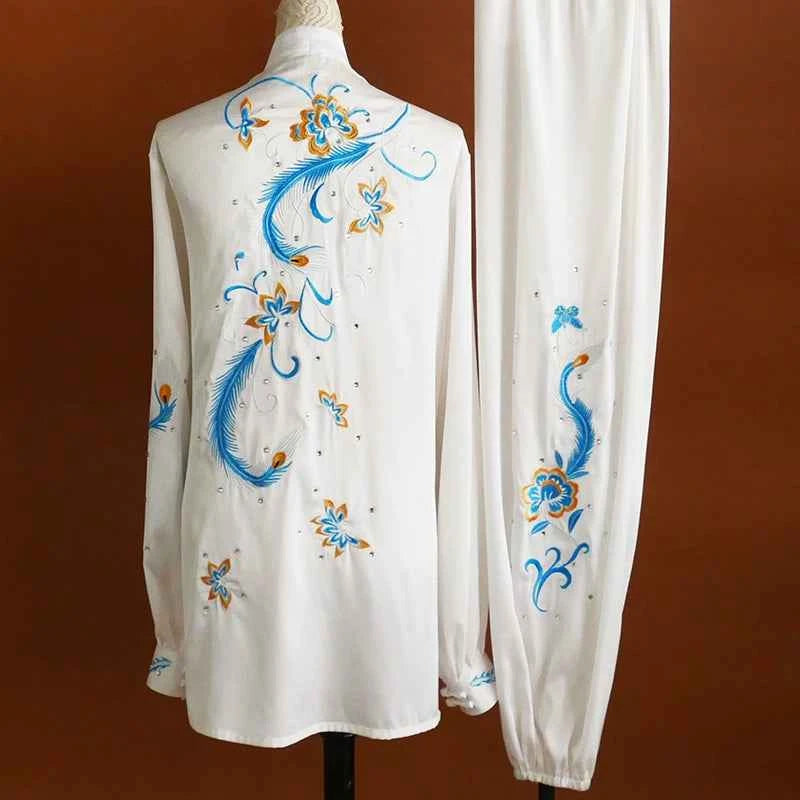 Custom Size Tai Chi Clothing for Women White Embroidered Phoenix Tail Flower Competition Wushu Chinese Kung Fu Uniforms