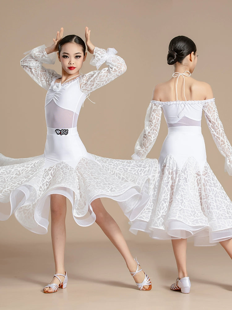 White Lace Competition Modern National Ballroom Dance Dresses for Girls