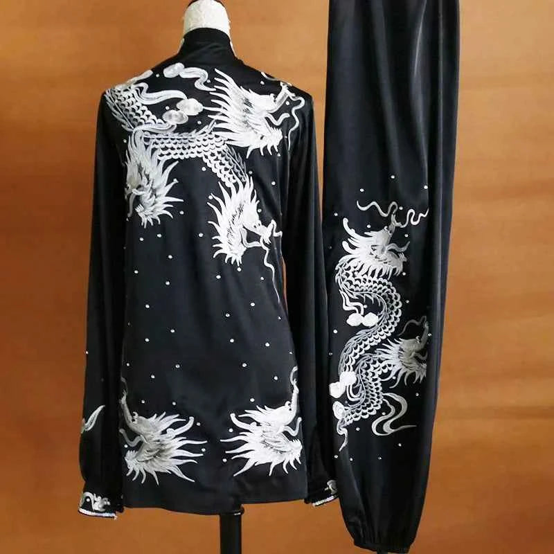 Custom Size Tai Chi Clothing for Women and Men Embroidered White Dragon Wushu Martial Art Performance Uniforms