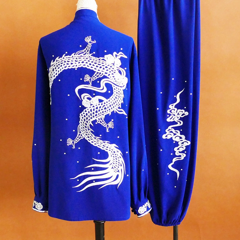 Custom Size Embroidered Dragon Tai Chi Clothing for Women Royal Blue Wushu Martial Art Performance Uniforms - Moderndancedress.com