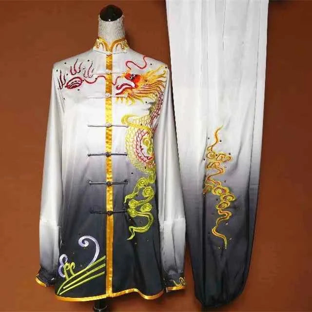 Custom Size White Black Gradient Tai Chi Clothing for Unisex Embroidery Dragon Wushu Martial Art Changquan Competition Uniforms
