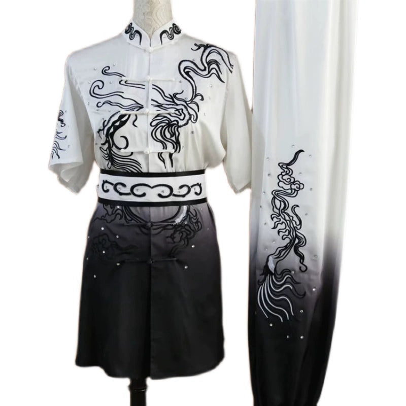 Customized size Tai chi clothing competition chinese kungfu uniforms for unisex Black white gradient embroidery martial arts clothes Changquan Nanquan suit - Moderndancedress.com