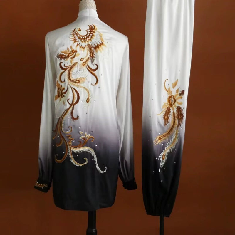 Custom Size Tai Chi Clothing Dark Green Embroidered Phoenix Wushu Martial Arts Kunfu Group Performance Uniforms - Moderndancedress.com