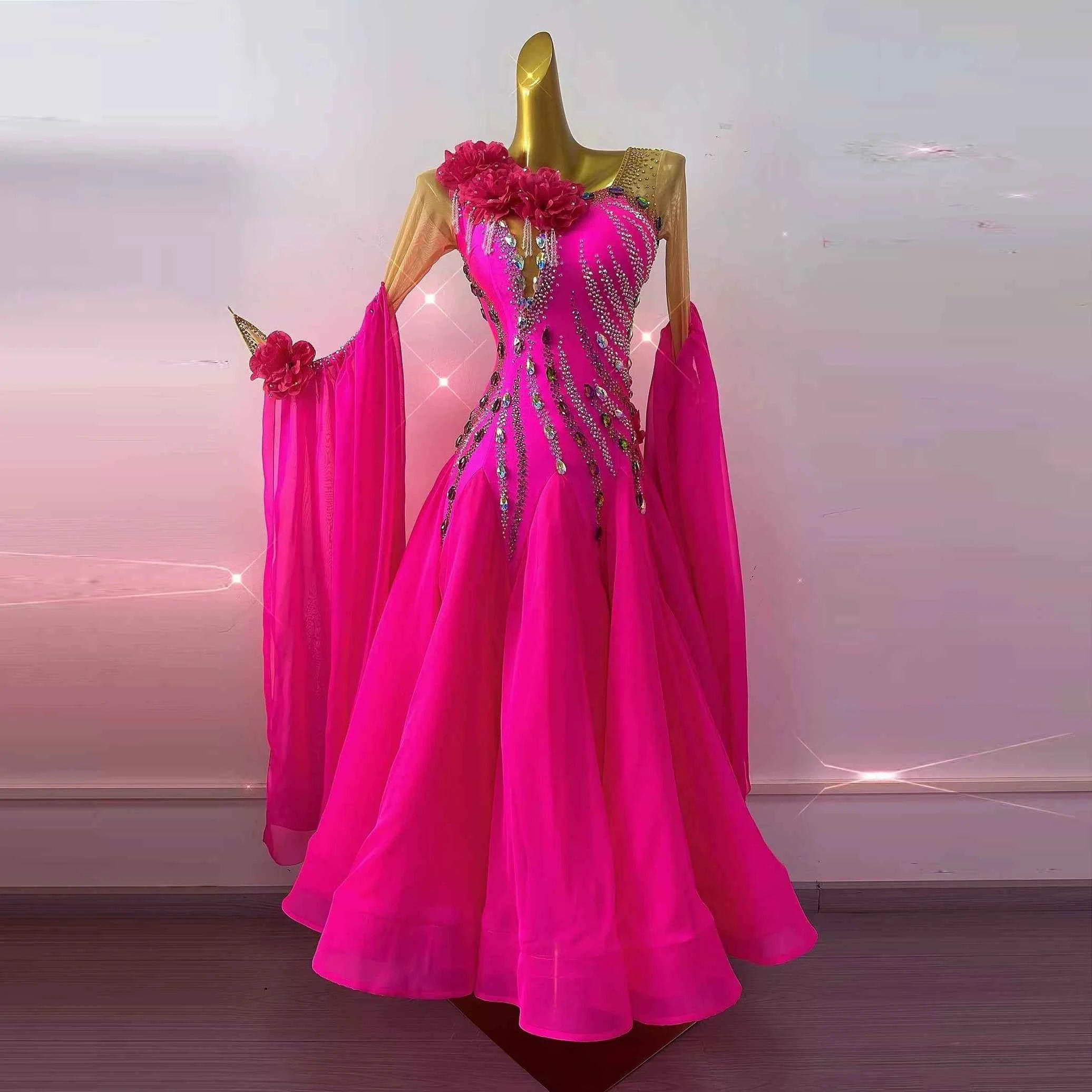 Custom Hot Pink Flowers Competition Ballroom Dance Dress for Women Waltz  Tango Smooth Dance Long Gown – Moderndancedress.com