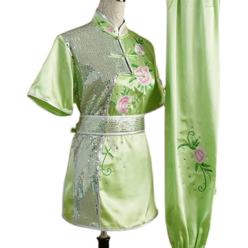 Customized size Peony flower embroidered martial arts wushu competition clothes long fist kung fu performance uniforms for adult kids - Moderndancedress.com