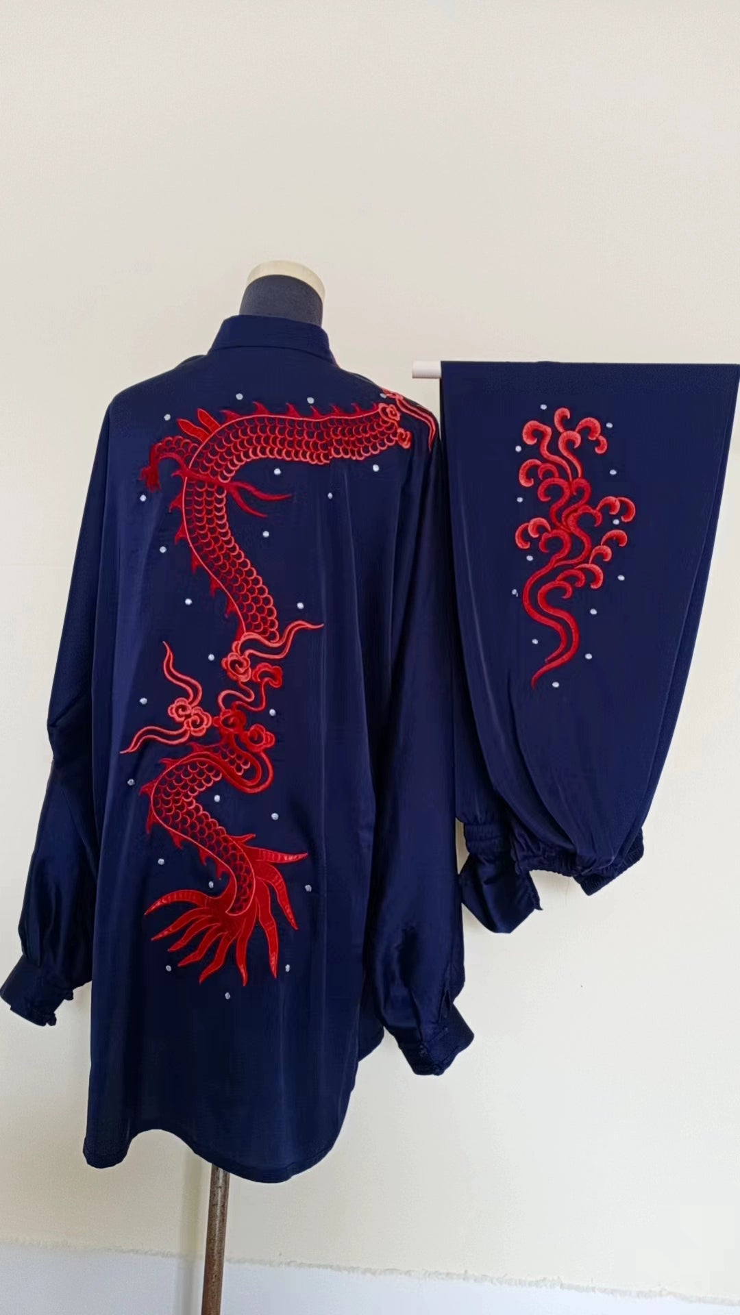 Customized size Navy Competition tai chi clothing embroidered dragon phoenix wushu martial arts performacne uniforms for unisex morning exercise clothes - Moderndancedress.com