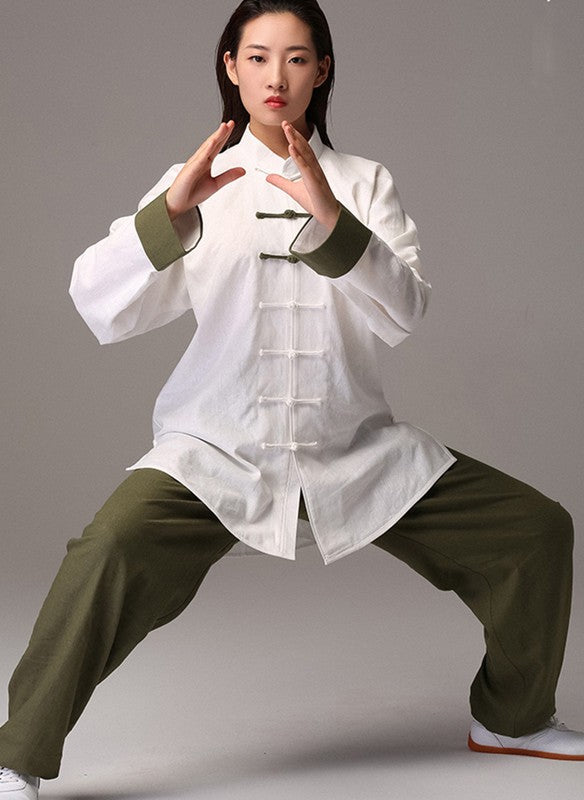 Blue green white Linen Tai Chi Clothing for unisex chinese kung fu martial art wushu practice stage performance clothes morning exercises fitness uniforms for women and men - Moderndancedress.com