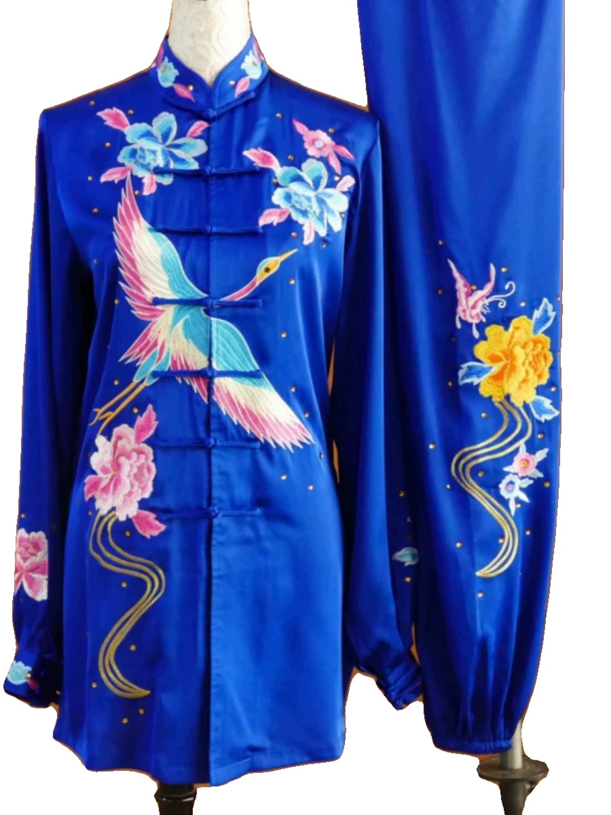 Custom size blue competition tai chi clothing for women wushu martial art Taijiquan clothes embroidered crane performance uniforms - Moderndancedress.com