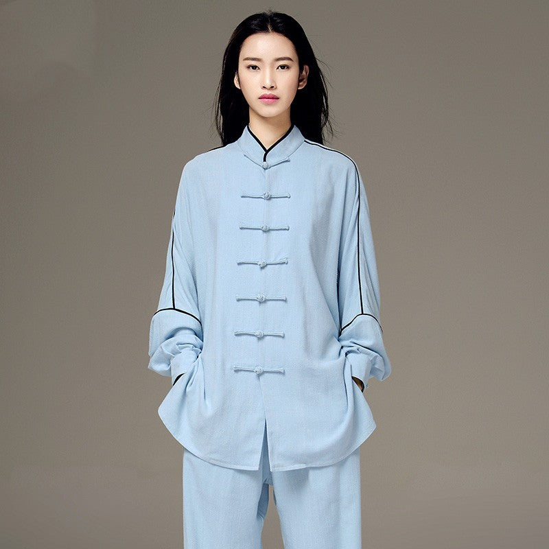 Blue white linen Tai chi clothing  Chinese kung fu morning fitness clothes for women men Spring summer autumn martial arts Tai Chi uniforms wushu Performance suit - Moderndancedress.com