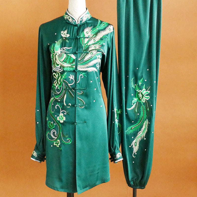 Custom Size Dark Green Tai Chi Clothing for Women Phoenix Embroidery Wushu Martial Art Kung Fu Competition Uniforms - Moderndancedress.com