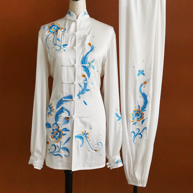 Custom Size Tai Chi Clothing for Women White Embroidered Phoenix Tail Flower Competition Wushu Chinese Kung Fu Uniforms - Moderndancedress.com