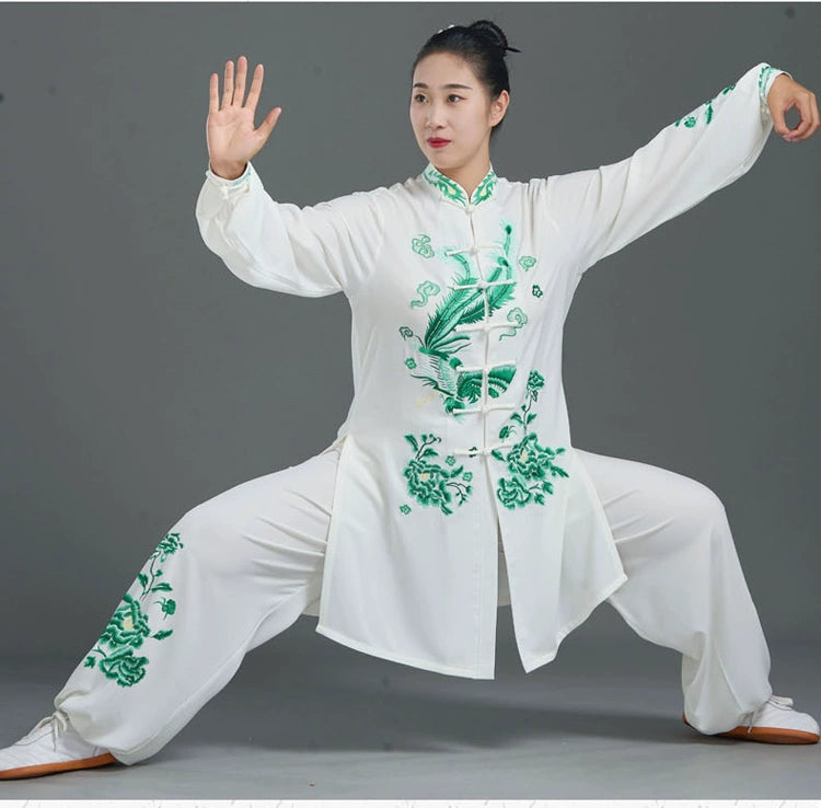 Custom Size Green Embroidered Phoenix Tai Chi Clothing for Women Competition Martial Art Wushu Performance Uniforms Brethable Clothes - Moderndancedress.com