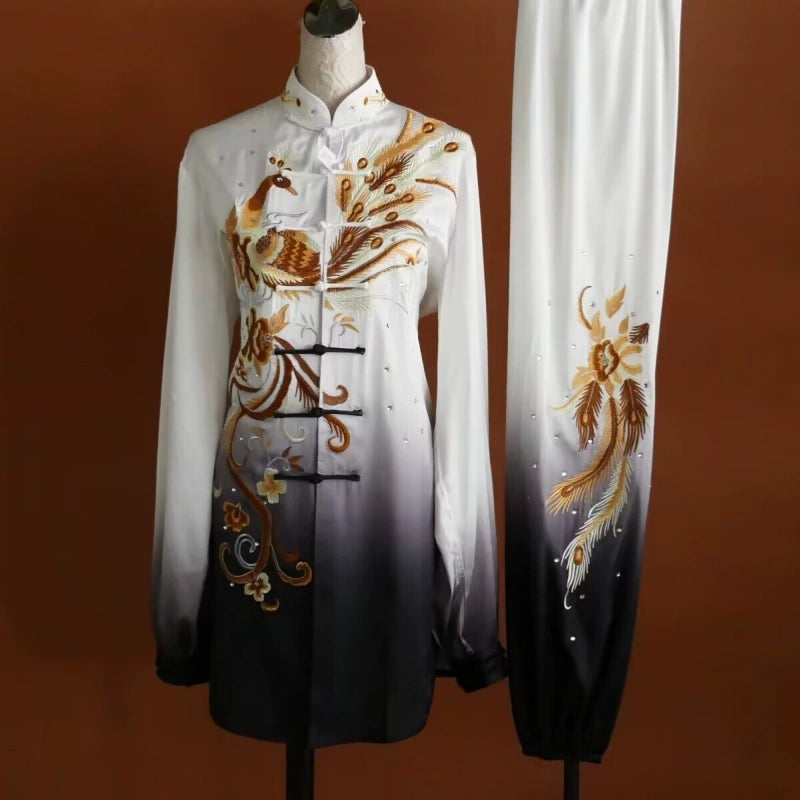 Custom Size Tai Chi Clothing Dark Green Embroidered Phoenix Wushu Martial Arts Kunfu Group Performance Uniforms - Moderndancedress.com