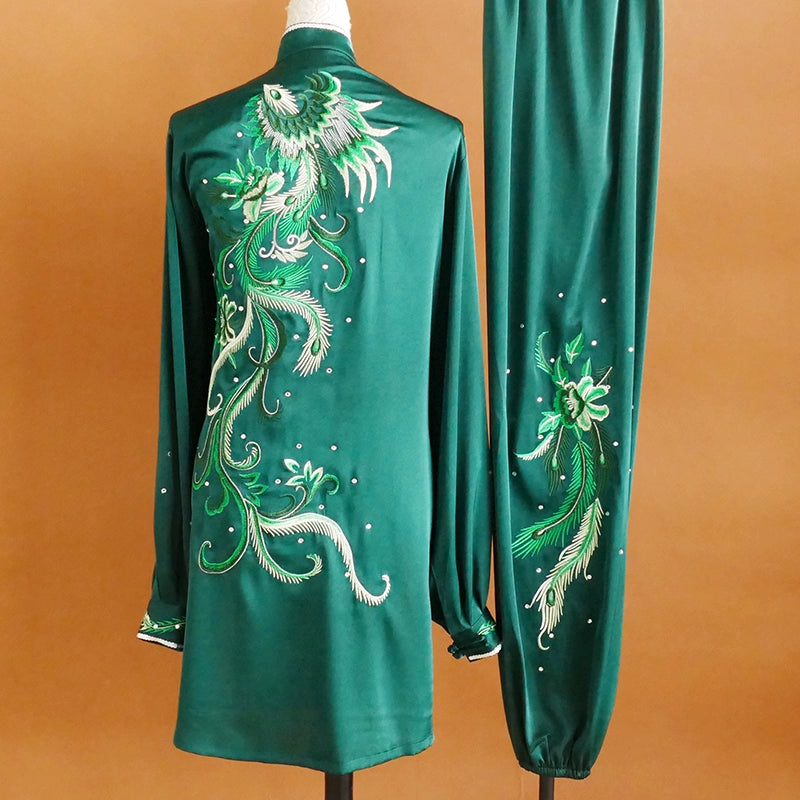 Custom Size Dark Green Tai Chi Clothing for Women Phoenix Embroidery Wushu Martial Art Kung Fu Competition Uniforms - Moderndancedress.com