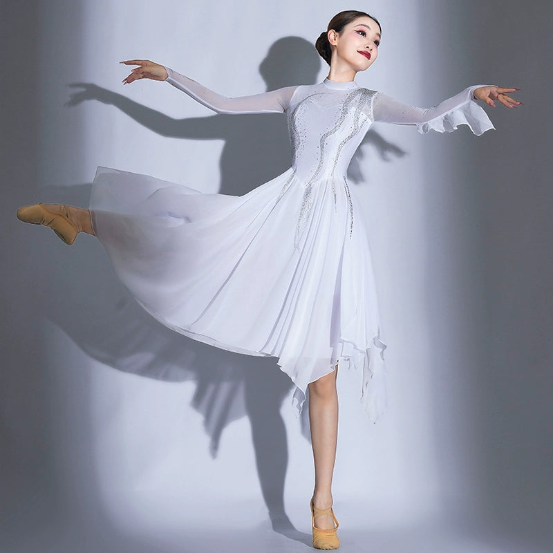 Modern Ballet Dance Dresses for Women Girls Elegant White Modern Ballet Dance Costumes Opening Dance Song Accompaniment Skirt - Moderndancedress.com