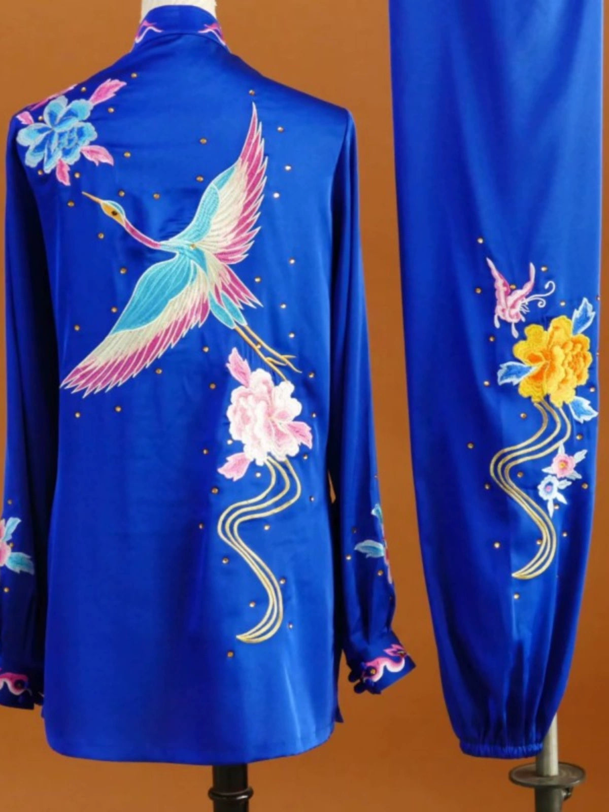 Custom size blue competition tai chi clothing for women wushu martial art Taijiquan clothes embroidered crane performance uniforms - Moderndancedress.com