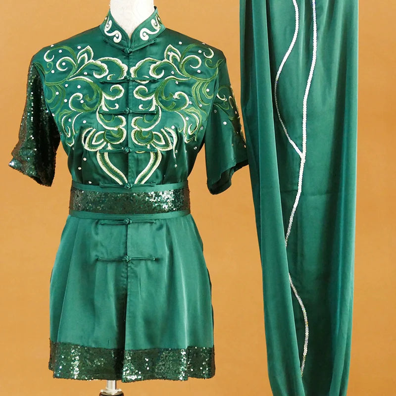 Customized size dark green tai chi clothing Martial art clothes for adult kids Changquan Nanquan Wushu competition Uniforms - Moderndancedress.com