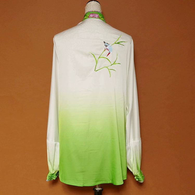 Custom size Lotus embroidery green white gradient tai chi clothing for women men martial art competition chinese kungfu wushu uniforms - Moderndancedress.com