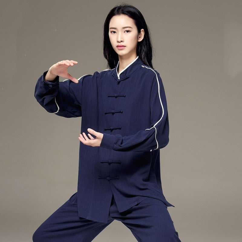 Blue white linen Tai chi clothing  Chinese kung fu morning fitness clothes for women men Spring summer autumn martial arts Tai Chi uniforms wushu Performance suit - Moderndancedress.com