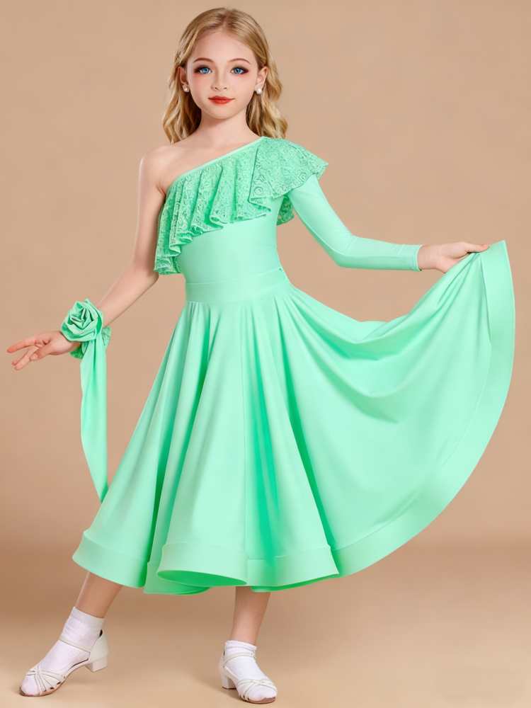 Girls Ballroom Dance Dresses Mint Purple Lace Slant Neck Waltz Tango National Standard Dancing Long Swings Skirts for Kids