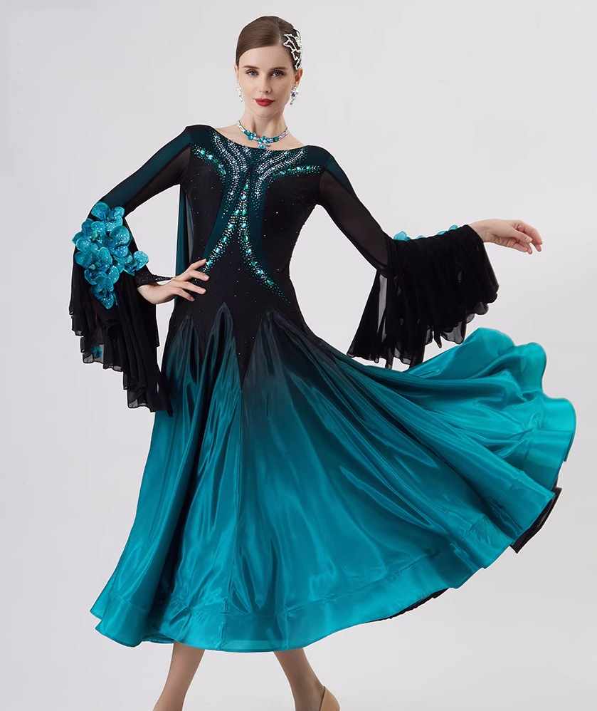 Custom Size Blue Competition Ballroom Dance Dresses for Women Pearl Ch