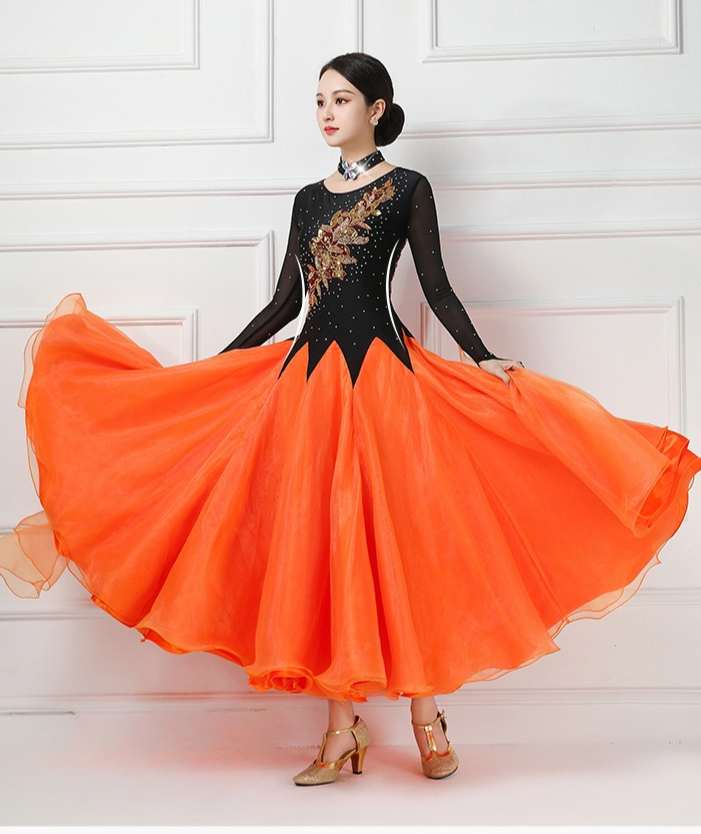 Competition orange ballroom dance dresses for women girls Modern dance swing skirt tango waltz group dance performance long gown Moderndancedress.com Competition orange ballroom dance dresses for women girls Modern dance swing skirt tango waltz group dance performance long gown Moderndancedress.com