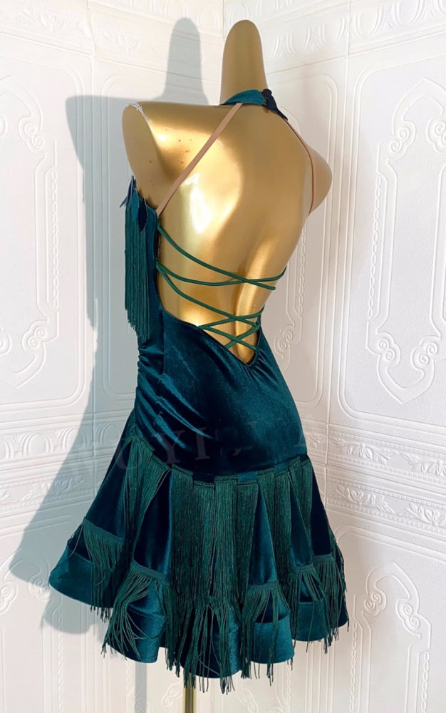 Custom Size Dark Green Velvet Competition Latin Dance Dresses for Women Fringe Salsa Rumba Chacha Performance Costumes
