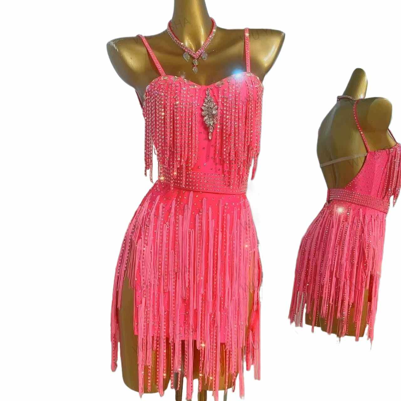 pink latin dance dresses Asymmetrical Latin Hot Pink Fringe Salsa Dance Dress With Lace Applique Detailing