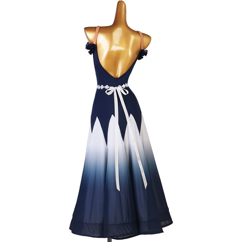 Women girls navy blue gradient color ballroom dancing dress modern dance gown stage performance waltz tango foxtort smooth dance long dress - Moderndancedress.com