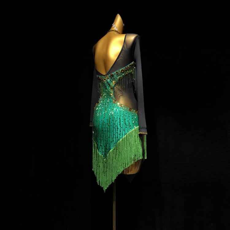 Custom Size Competition Latin Dance Dresses for Women Green with Gold Diamond Salsa Rumba Latin Dance Costume