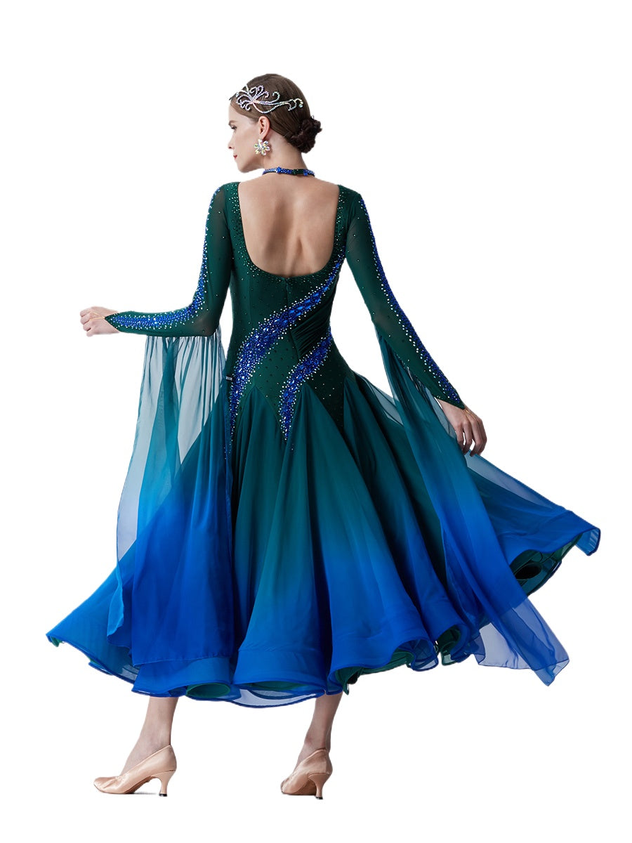 Custom Size Dark Green Competition Ballroom Dance Dresses for Women Girls National Standard Waltz Tango Rhythm Dance Long Gown - Moderndancedress.com