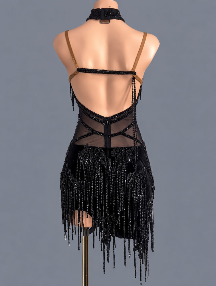 Custom Competition Black Lace Fringe Latin Dance Dress with Crystals