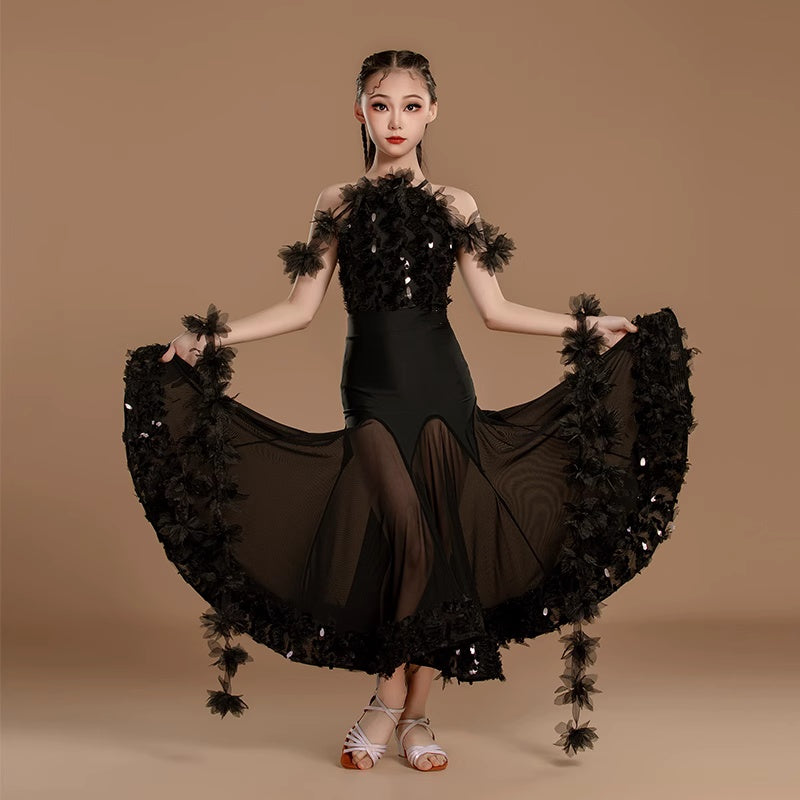 Black Ballroom Dance Dresses for Girls Kids Waltz Tango Professional Performance Gown for Children