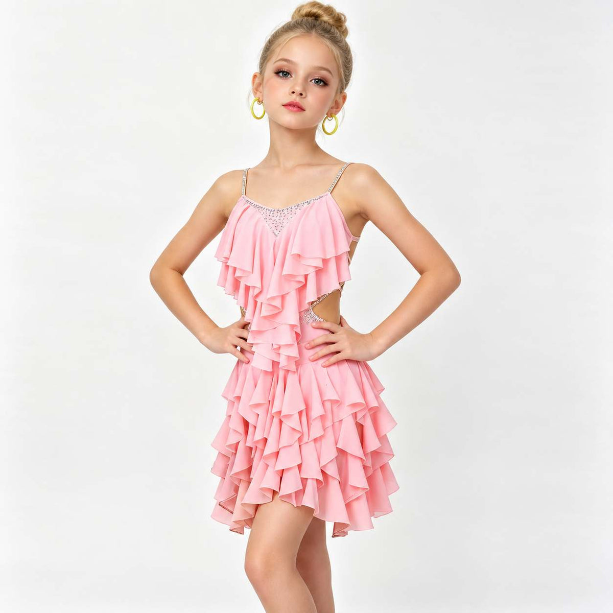 Girls Red Pink Ruffle Latin Dance Dress with Rhinestones Kids Salsa Chacha Stage Costume