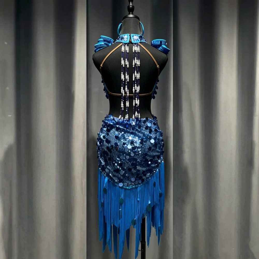 Custom Blue Sparkling Sequin Latin Dress Handmade Crystal Beaded Salsa Costume