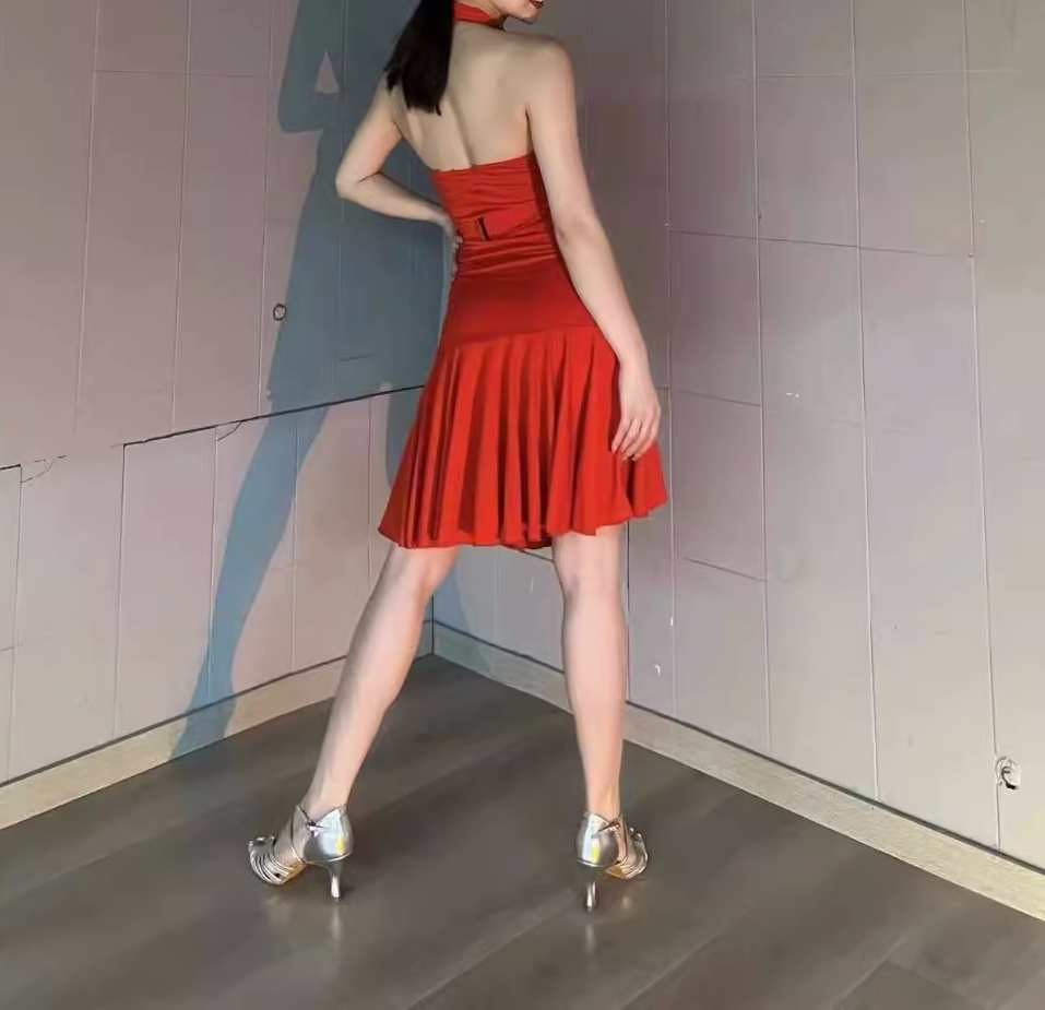Red latin ballroom dance dress for women girls halter neck backless chacha rumba salsa rhythm dancing costumes for female - Moderndancedress.com