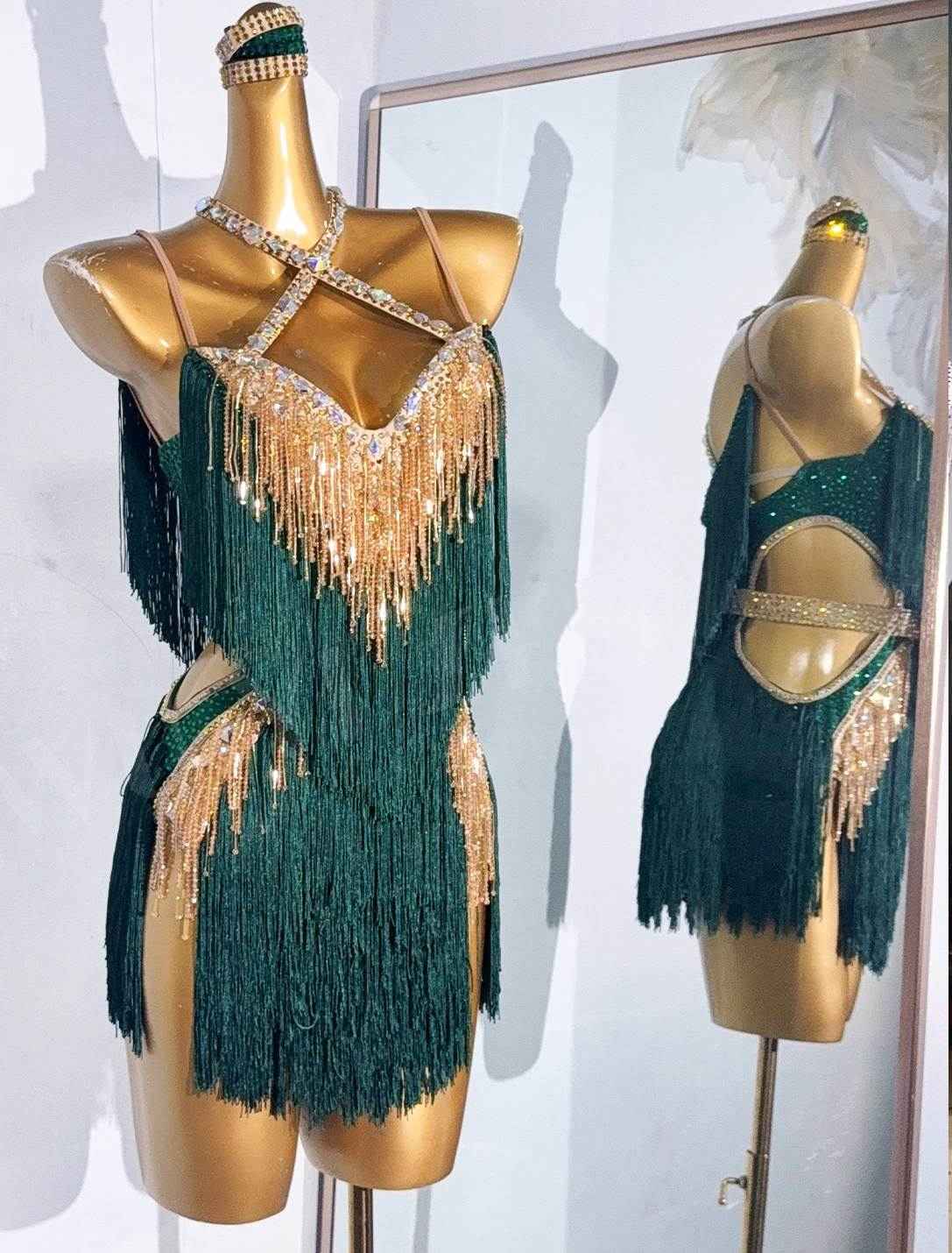 Custom Size Dark Green Latin Dance Dresses Gold Fringe Pink Salsa Rumba Latin Dance Costumes