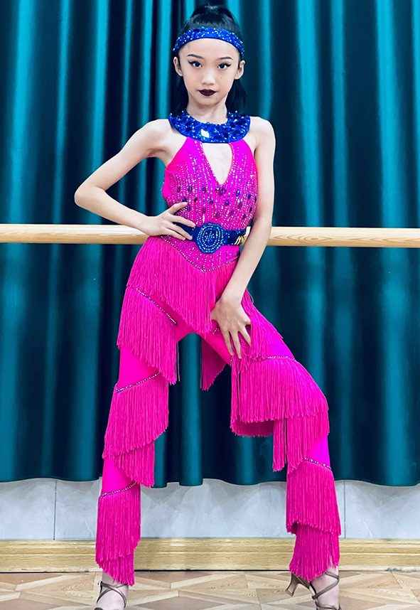 Custom Size Hot Pink Competition Latin Dance Dresses for Women Girls Salsa Rumba Chacha Dance Bling Clothing