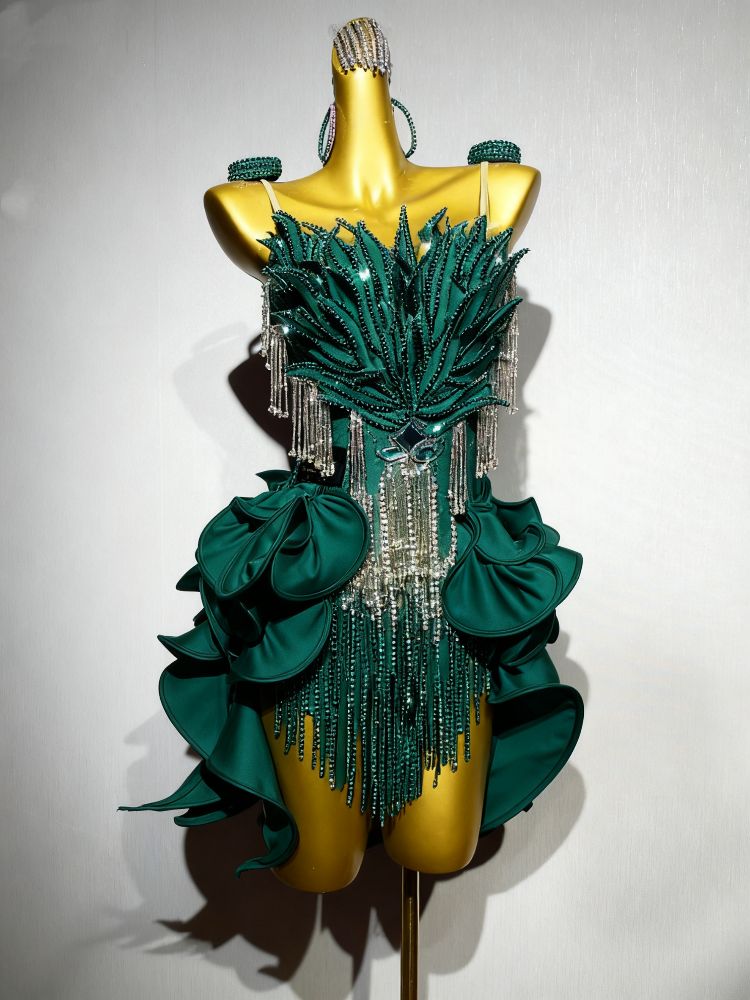 Custom Size Petals Competition Latin Dance Dresses Dark Geen Blue Salsa Rumba Chacha Blackpool Performance Costumes