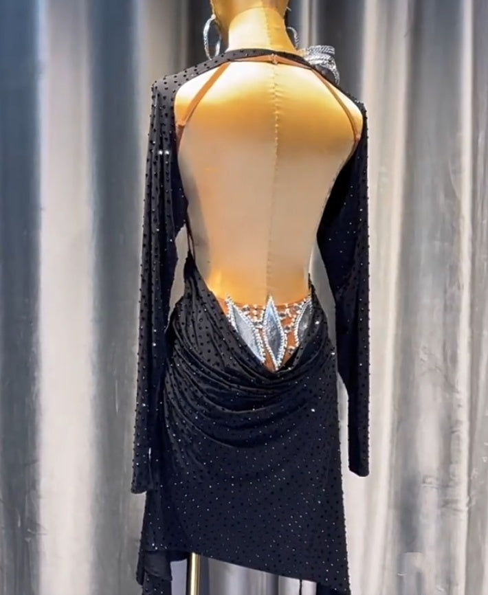 Custom Black & Nude Competition Latin Dance Dress with Silver Petals