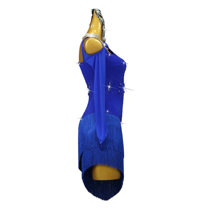 Royal Blue Fringe Competition Latin Dance Dresses for Women Girls Slant Neck One Shoulder Professional Rhythm Cha Cha Jive Salsa Stage Performance Costumes
