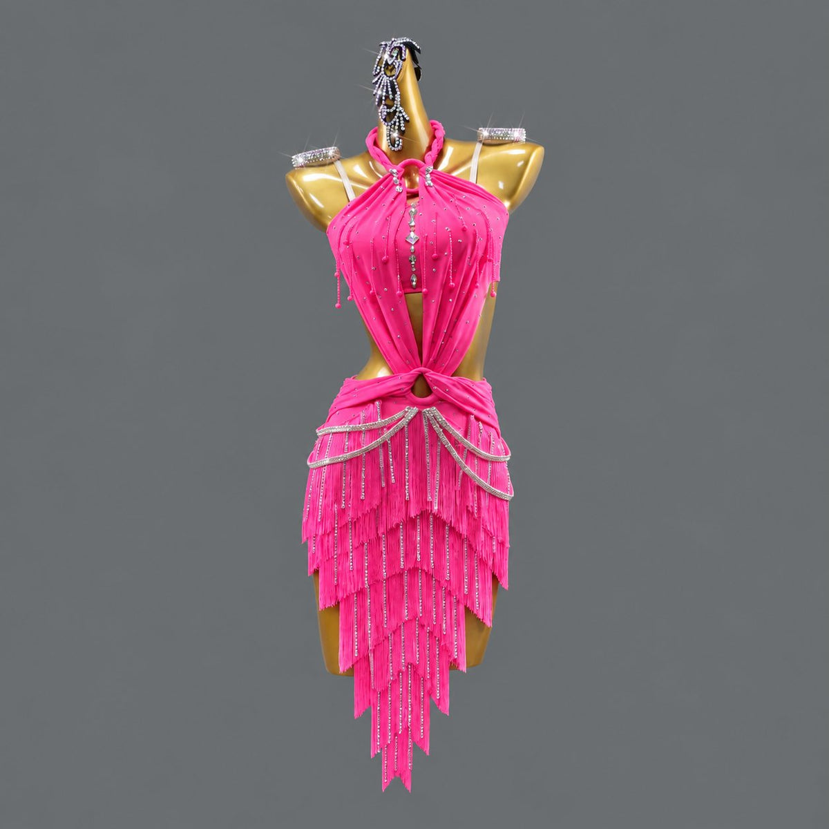 Custom Hot Pink Fringe Competition Latin Dance Dress with Crystals