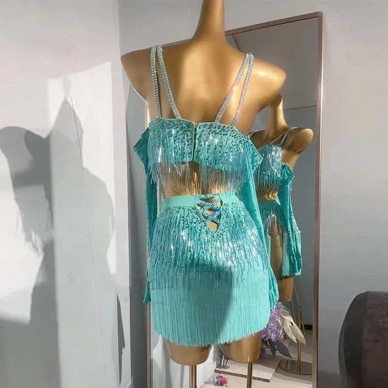 Custom Size Tuquoise Fringe Competition Latin Dance Dresses for Women Girls Salsa Rumba Chacha Dance Costumes