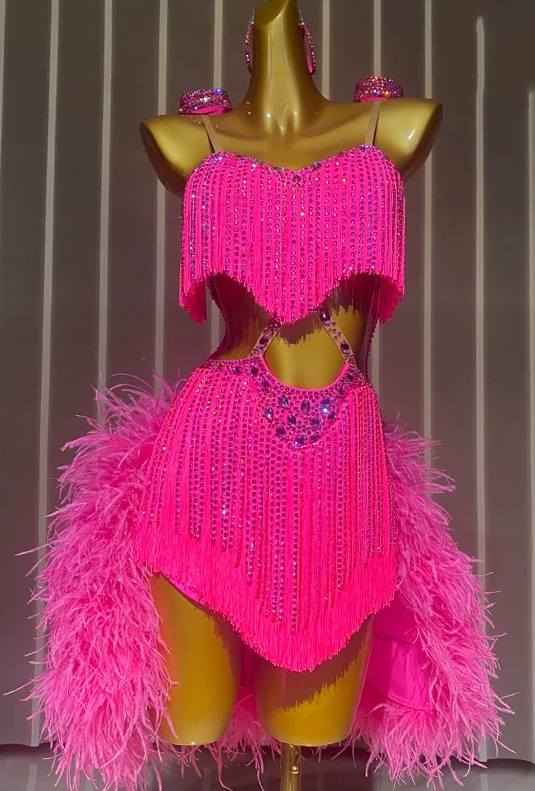Custom Size Fuchsia Bling Fringe Competition Latin Dance Dress Blackpool Ostrich Hair Dance Wear