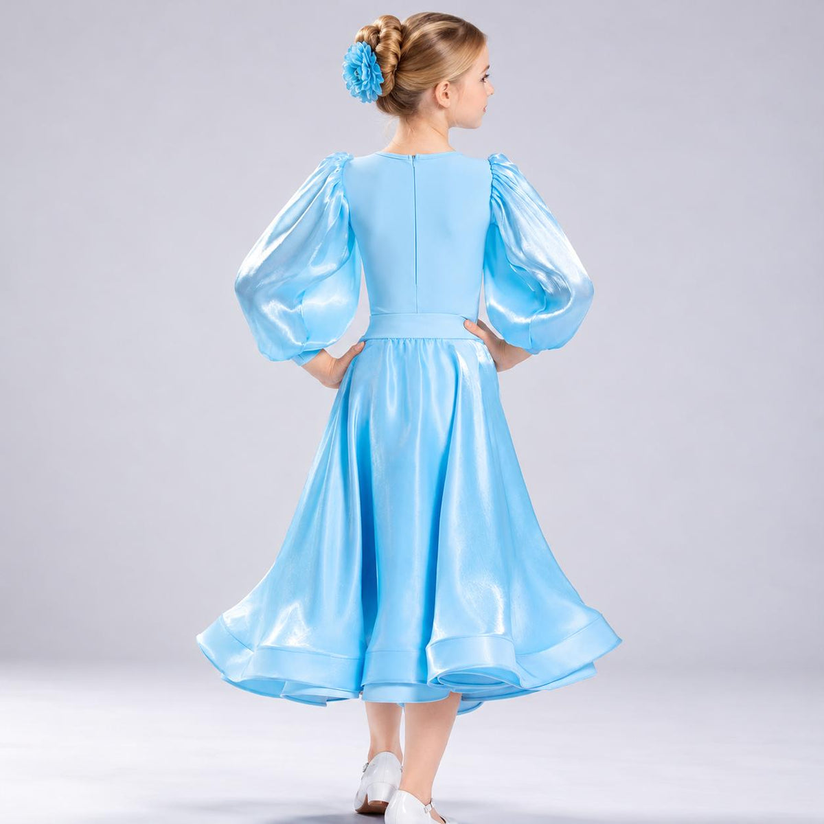 Girls Light Blue Latin Ballroom Dance Dress Kids Long Sleeve Competition Waltz Gown
