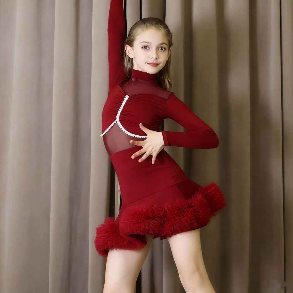 Girls Latin Dance Dresses Blue Wine Black Salsa Rumba Chacha  Latin Dance Costumes for Kids
