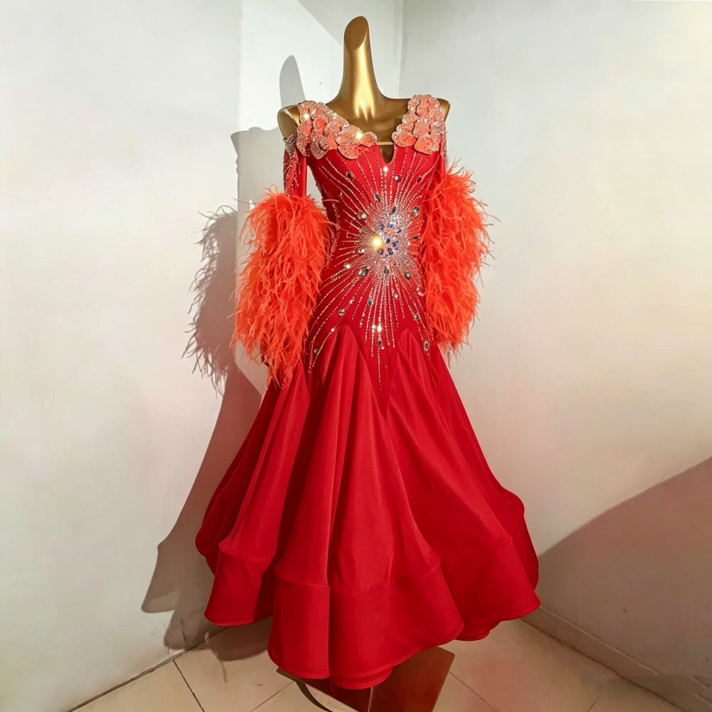 Custom Size Orange Feather Ballroom Dance Dress - Professional Waltz Competition Gown